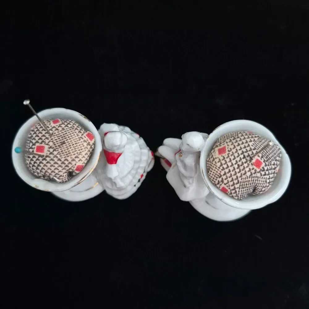 Vtg Set of 2 Porcelain Toothpick Holders Elegant Lady and Man Japan Pin Cushions